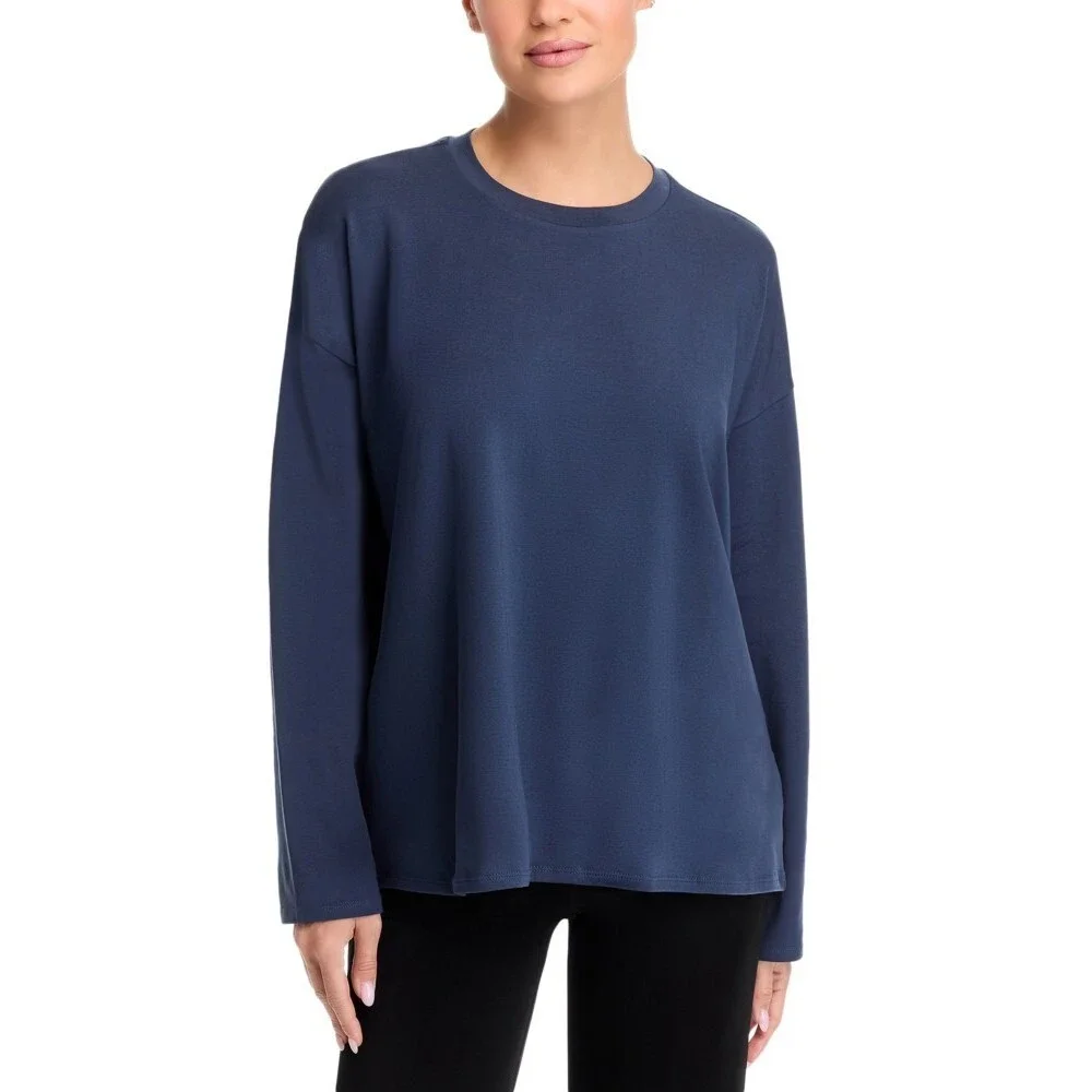 Eileen Fisher Cotton High Crewneck Boxy Top Women's Large Ocean Long Sleeve